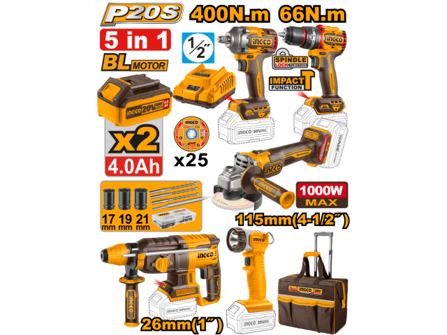 KIT A BATERÍA 20V P20S 5PCS BRUSHLESS MOTOR C/BATERÍAS, CARGADOR, BOLSO Y ACCESORIOS