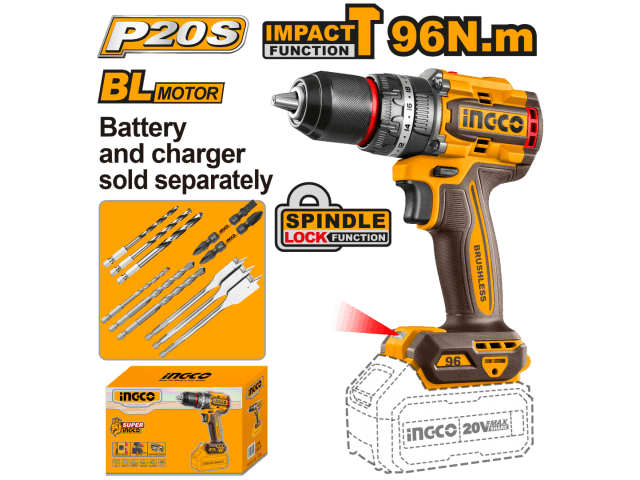 TALADOR ATORNILLADOR C/PERCUTOR A BATERIA BRUSHLESS 20V 96NM + ACCESORIOS,S/CARG S/BAT INGCO