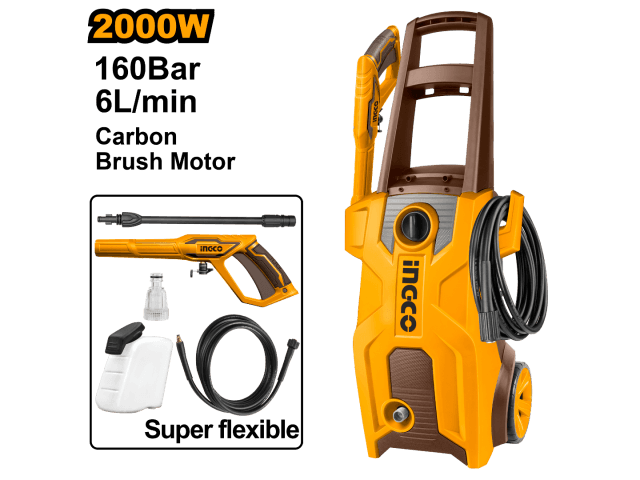 HIDROLAVADORA 2000W 160BAR MOTOR A CARBONES C/AUTOSTOP - INGCO
