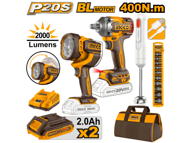 SET LLAVE DE IMPACTO 400NM 20V BATERIA P20S + LINTERNA 2000LM + MIXER C BAT Y BOLSO INGCO