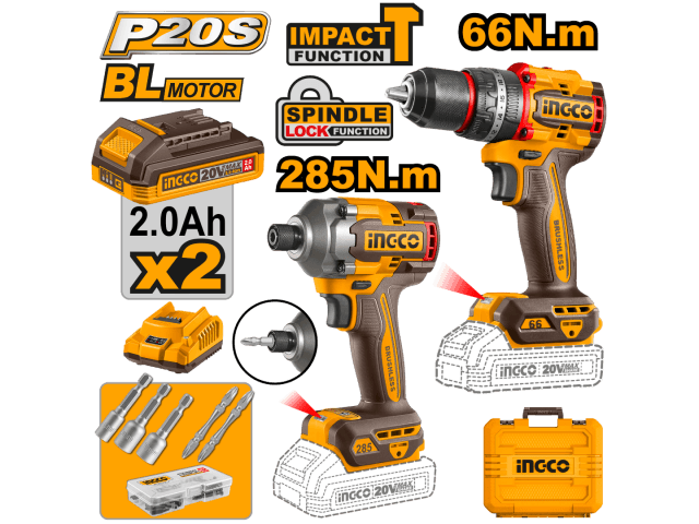 COMBO TALADRO ATORNILLADOR C/PERCUTOR 66NM + ATORNILLADOR DE IMPACTO 20V