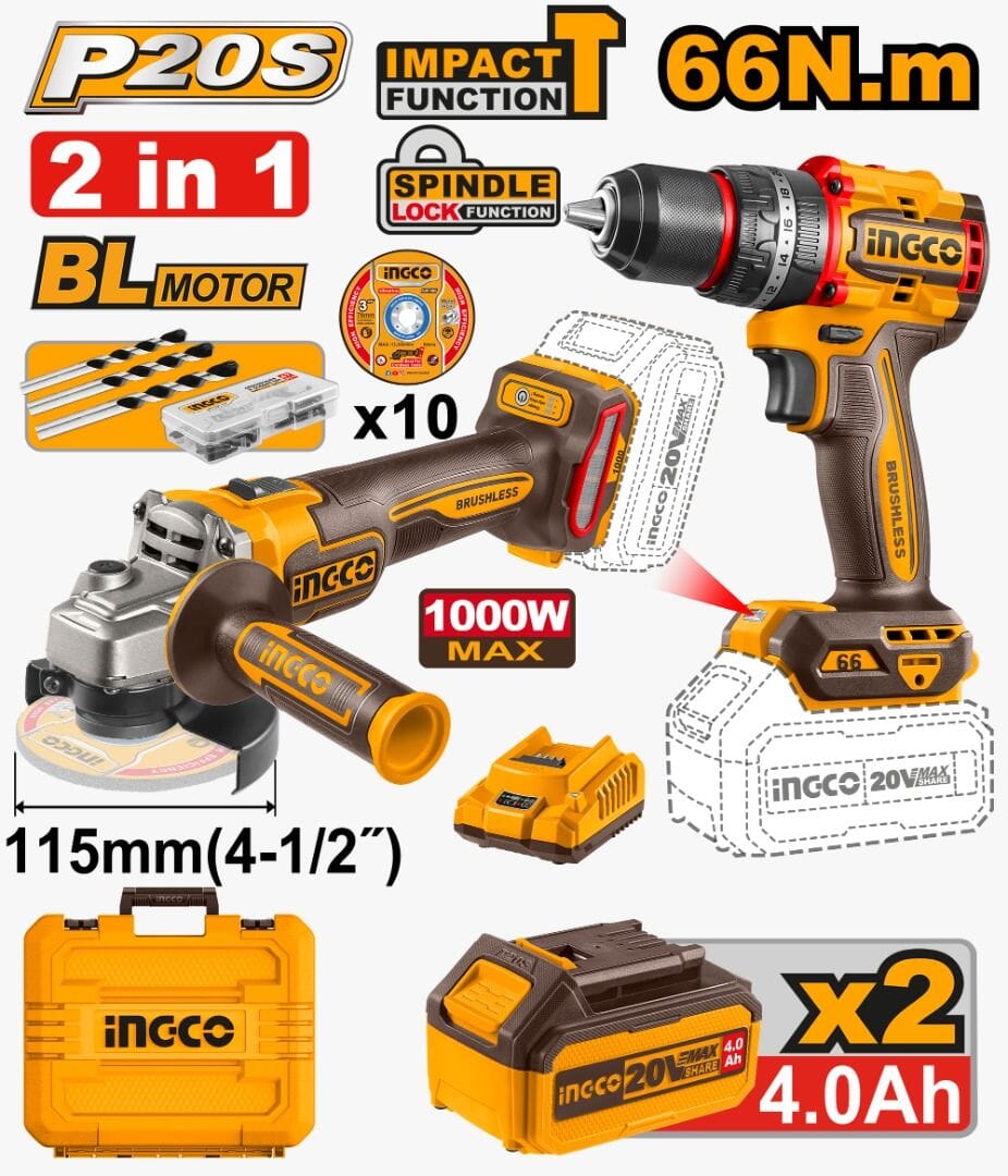 COMBO ATORNILLADOR 20V C PERCUTOR  + AMOLADORA 20V  2 BAT CARG + VALIJA