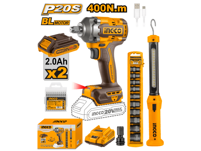 SUPER COMBO A BATERIA LLAVE DE IMPACTO 400NM 20V + LINTERNA RECARGABLE + DADOS IMPACTO
