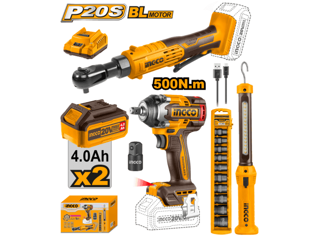 COMBO LLAVE DE IMPACTO 500NM 20V A BATERIA + LLAVE CRIQUE 20V + LINTERNA + SET DE DADOS 3/8