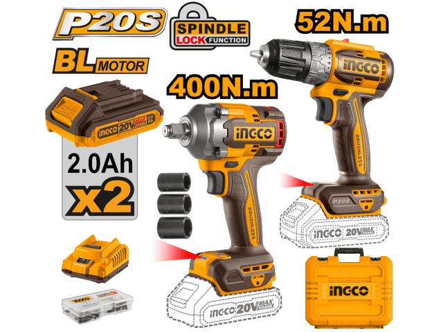 SET LLAVE IMPACTO 20V 400NM + ATORNILLADOR 20V C 2BAT/CARG Y VALIJA INGCO