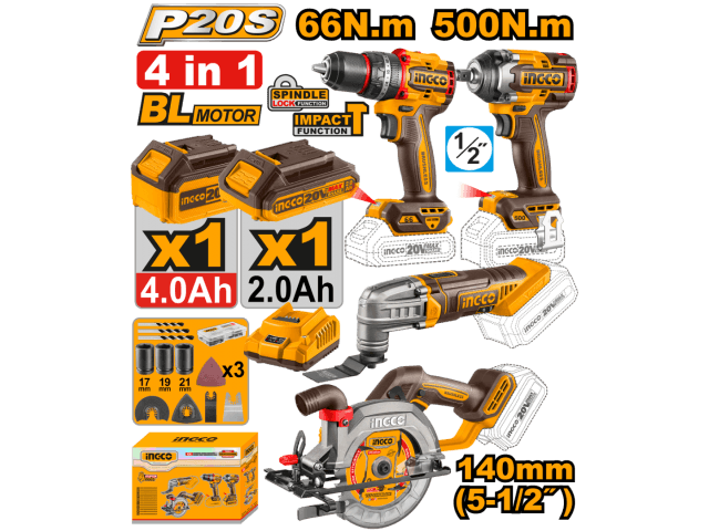 KIT A BATERIA P20S 20V 4 PIEZAS BRUSHLESS MOTOR C/2BAT, CARGADOR Y ACCESORIOS INGCO