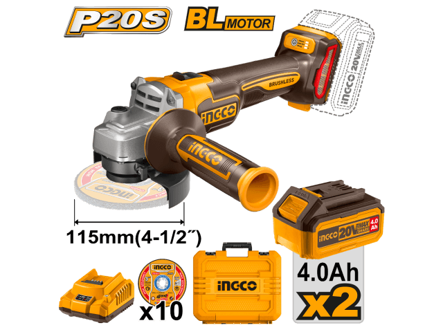 AMOLADORA A BATERA 20V BL + 2 BAT 4AH + VALIJA Y DISCOS