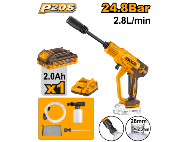 HIDROLAVADORA A BATERÍA 20V P20S 24.8BAR C/BATERÍA, CARGADOR + ACCESORIOS INGCO