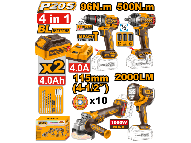 KIT A BATERÍA 20V 4 EN 1  C/BATERÍAS, CARGADOR Y ACCESORIOS INGCO
