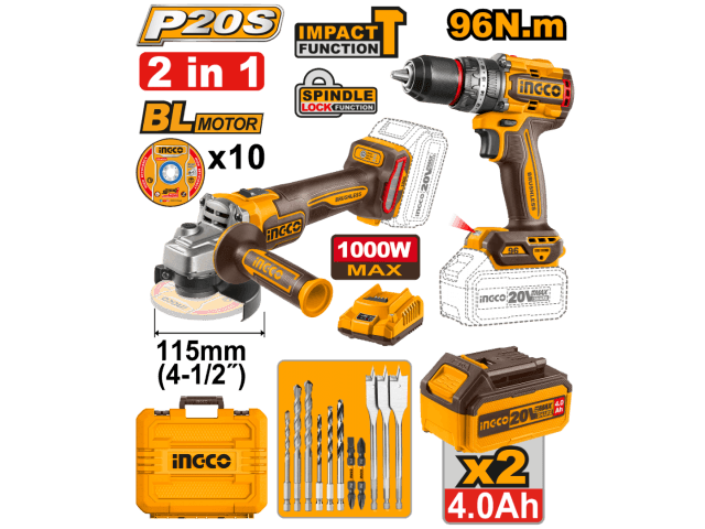 KIT A BATERIA P20S 20V TALADRO ATORNILLADOR C/PERCUTOR 96NM + AMOLADORA ANGULAR, C/2BAT, CARGADOR , ACCESORIOS Y VALIJA