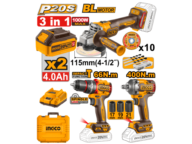 KIT A BATERIA 20V 3 EN 1  C/2BAT, CARGADOR, VALIJA Y ACCESORIOS INGCO