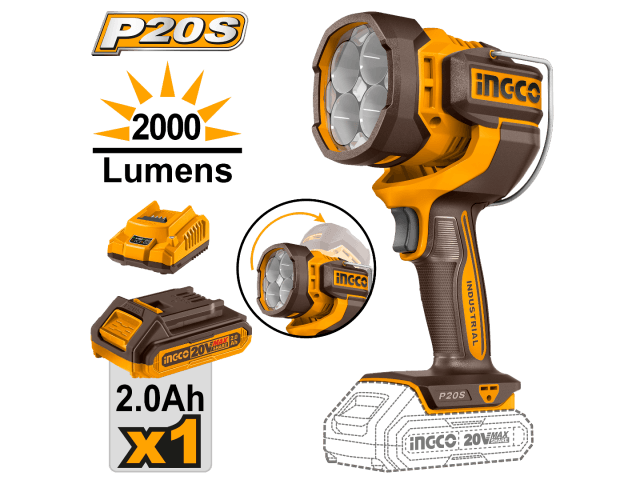 LINTERNA A BATERIA LED 20V ARTICULADA 22.5W 2000 LUMENES C/BAT Y CARGADOR P20S INGCO