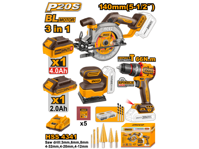 KIT COMBO A BATERIA P20S 20V SIERRA CIRCULAR + TALADRO ATORNILLADOR C/PERCUTOR + LIJADORA C/2 BATERIAS, CARGADOR