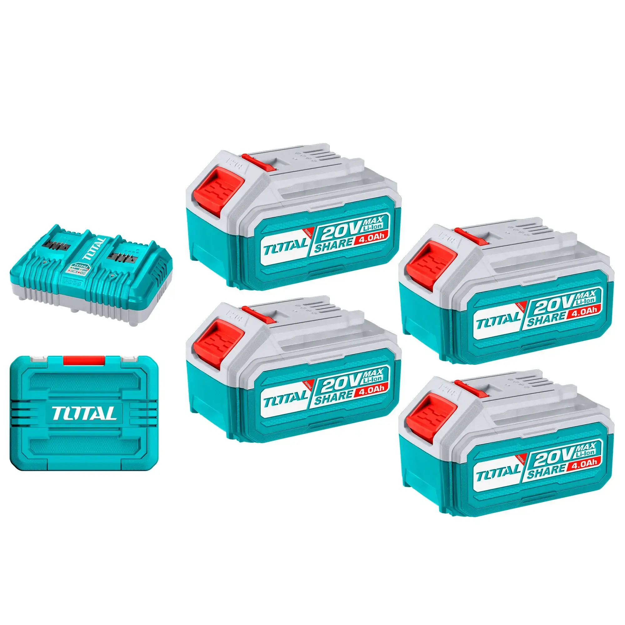 4 Baterías Litio Ion 4.0Ah + Cargador Doble Rápido 20v
