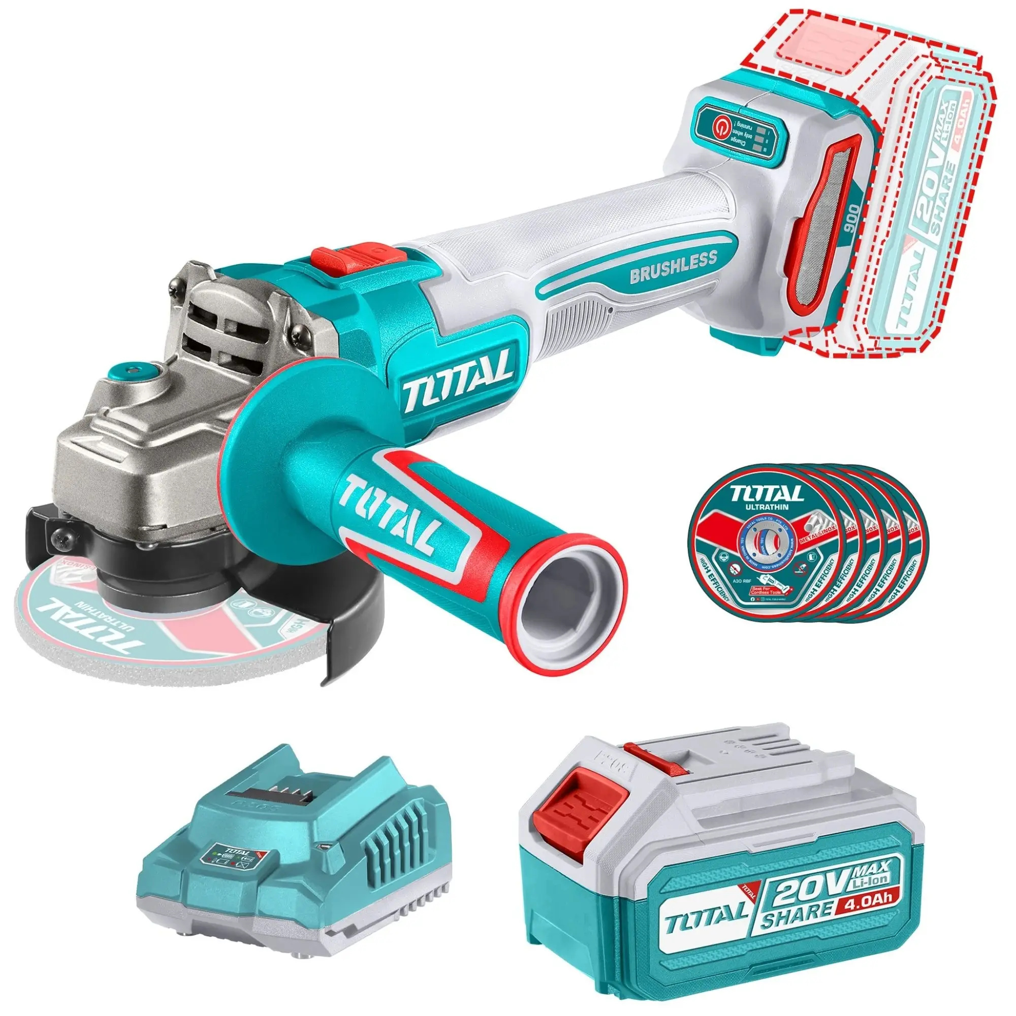 Amoladora Angular Inalámbrica Total 20v + bat 4 ah y discos de corte