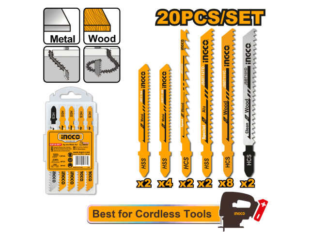 SET 20PCS HOJAS PARA SIERRA CALADORA EN BLISTER (MADERA, METAL Y ALUMINIO) JSBT2001 INGCO