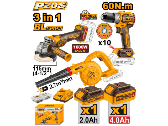 KIT COMBO A BATERIA P20S 20V AMOLADORA + TALADRO + SOPLADORA C/2 BATERIAS, CARGADOR Y ACCESORIOS INGCO
