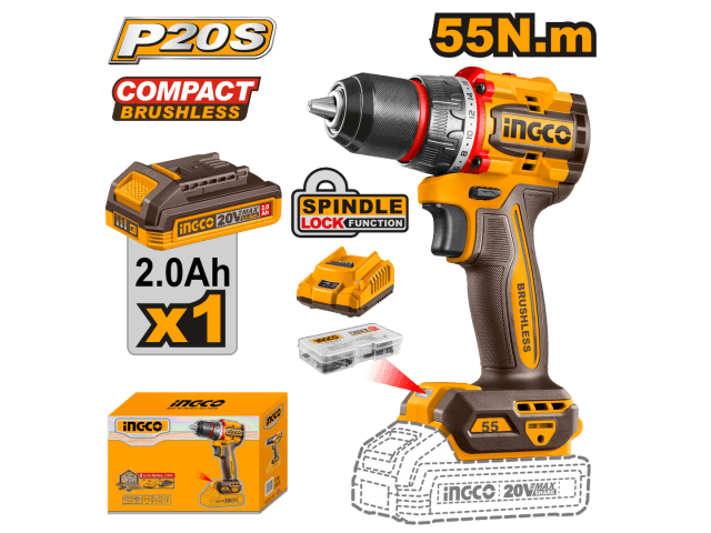 TALADRO ATORNILLADOR A BATERÍA 20V 55NM INGCO