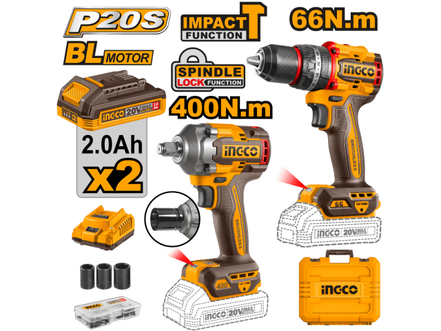 SET ATORNILLADOR PERCUTOR 20V BATERIA P20S + LLAVE DE IMPACTO 400NM 20V P20S C VALIJA Y BAT INGCO
