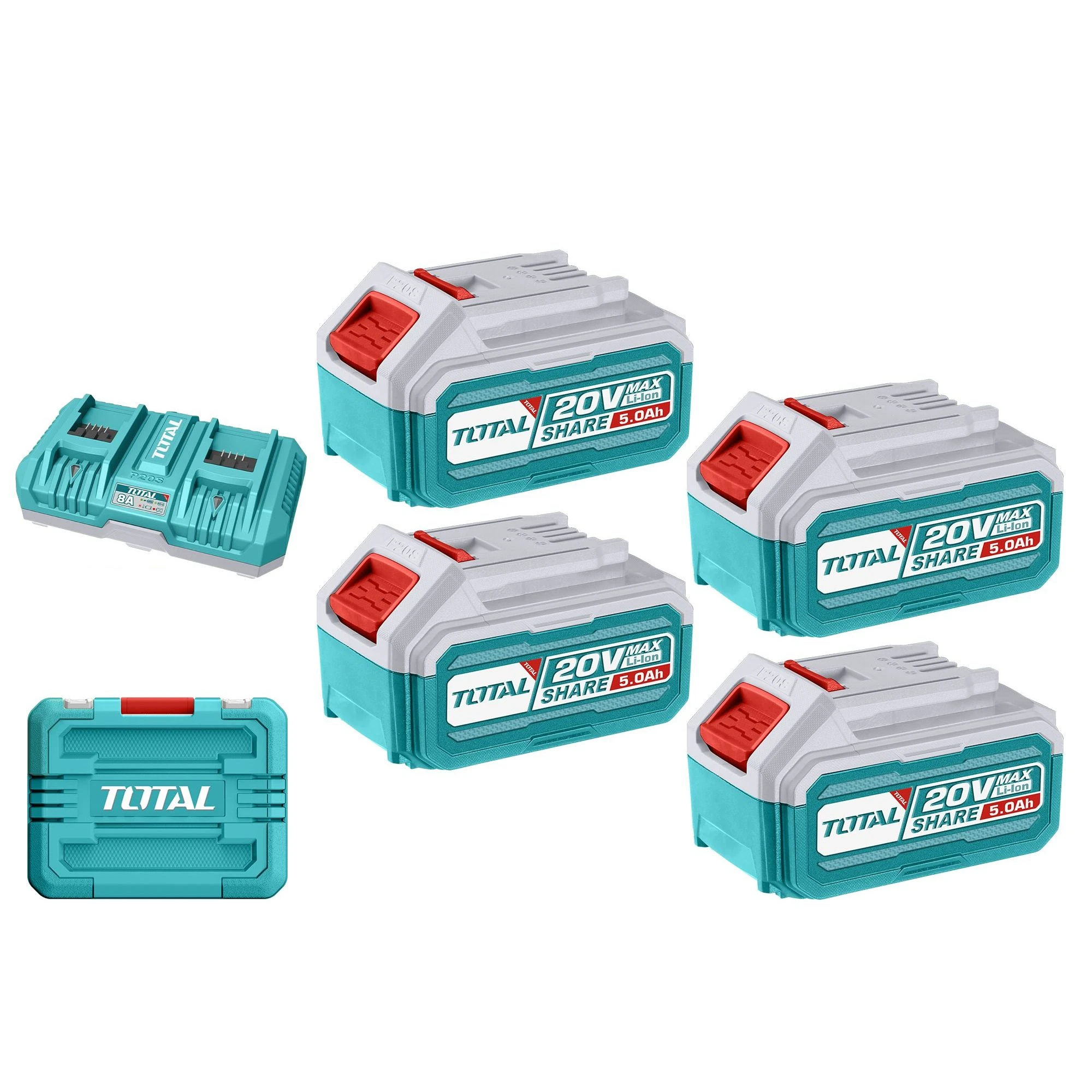 4 Baterías Litio Ion 5.0Ah + Cargador Doble Rápido 8A 20v