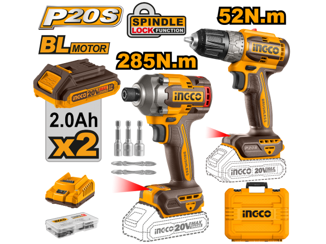 SET ATORNILLADOR DE IMPACTO A BATERIA 20V 285NM + ATORNILLADOR 20V 52NM C 2 BAT CARGADOR + VALIJA INGCO