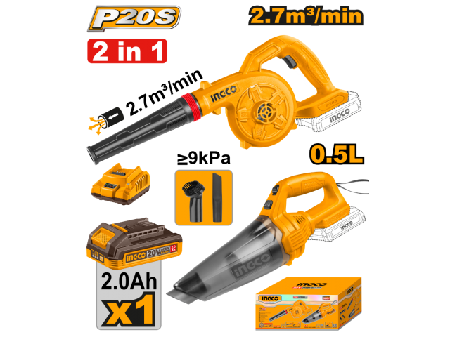 KIT A BATERÍA 20V P20S SOPLADORA + ASPIRADORA 0.5L C/BATERÍA, CARGADOR Y ACCESORIOS INGCO