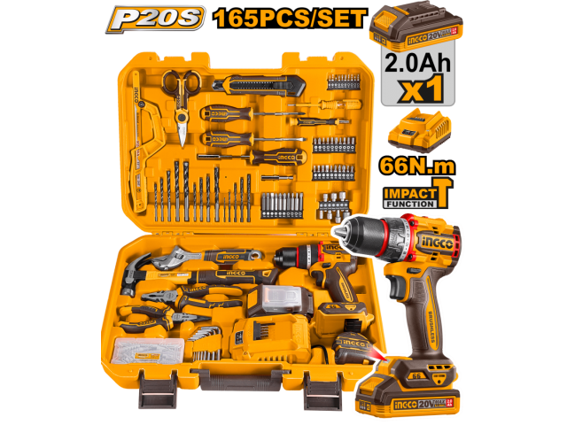 KIT ATORNILLADOR PERCUTOR 20V EN VALIJA C/BAT Y CARGADOR + 165 HERRAMIENTAS INGCO