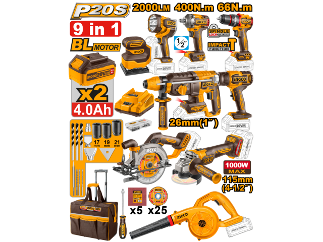 COMBO INDUSTRIAL 9 HERRAMIENTAS A BATERIA 20V BRUSHLESS + 2BAT, CARGADOR, ACCESORIOS Y VALIJA INGCO